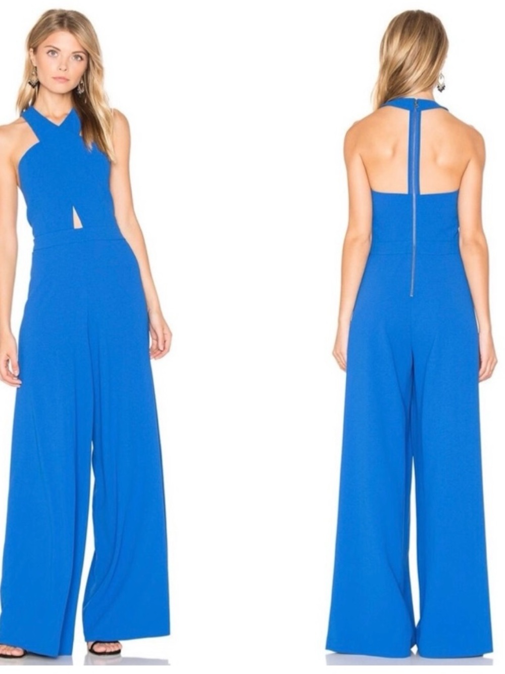 Alice + Olivia Trinity Cross Front Wide-Leg Jumpsuit in Cobalt Blue size 0